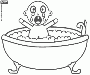 Coloriage Un bébé pleure dans la baignoire