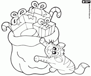 Coloriage Un chat avec le sac de cadeaux