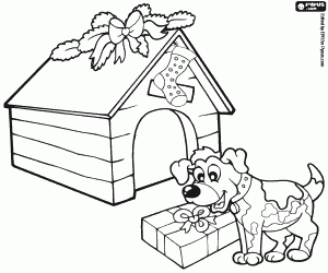 Coloriage Un chien et un cadeau de Noël