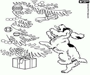 Coloriage Un chien et un os à le sapin de Noël