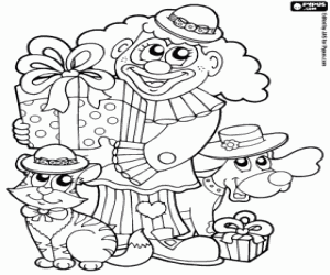 Coloriage Un clown avec des animaux et des cadeaux