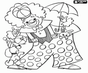 Coloriage Un clown avec un chien et un lapin