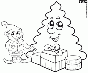 Coloriage Un elfe, arbre de Noël, cadeaux
