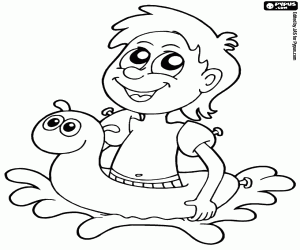 Coloriage Un enfant avec un flotteur de tête d'animale