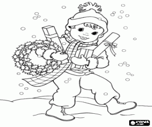 Coloriage Un enfant sous la neige à Noël