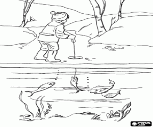 Coloriage Un garçon à pêche dans une rivière gelée