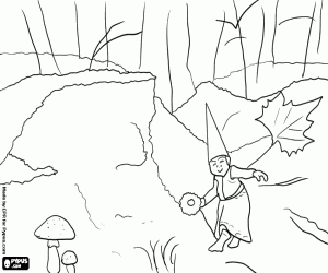 Coloriage Un gnome dans la forêt en automne