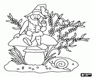 Coloriage Un gnome fume la pipe sur un champignon