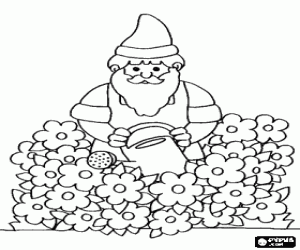 Coloriage Un gnome en prenant soin des fleurs