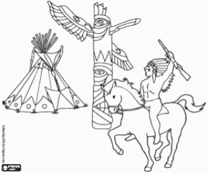 Coloriage Un guerrier indien, le totem et le tipi