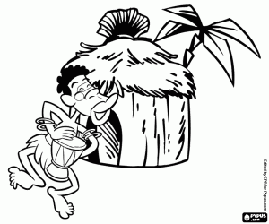 Coloriage Un homme africain et une hutte