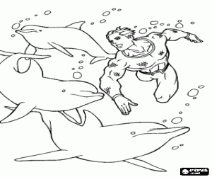 Coloriage Un homme nage avec les dauphins