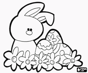 Coloriage Un lapin, des fleurs et des oeufs de Pâques