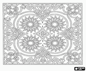 Coloriage Un mandala avec quatre soleils