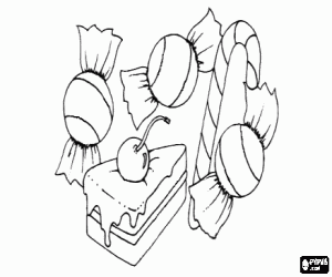 Coloriage Un morceau de gâteau et bonbons