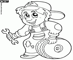 Coloriage Un mécanicien avec une roue