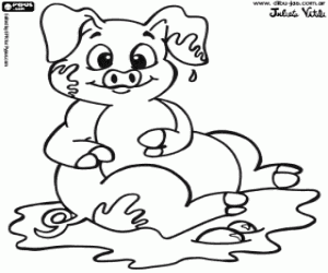 Coloriage Un petit cochon dans la boue