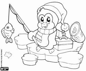 Coloriage Un pingouin et la pêche sur glace