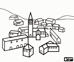 Coloriage Un village avec le clocher