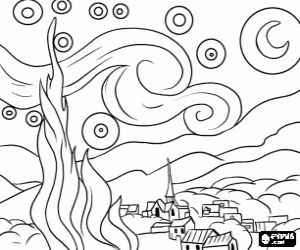 Coloriage Un village sur une nuit étoilée