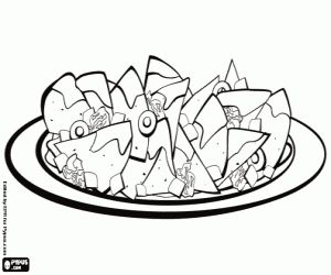 Coloriage Une assiette de nachos avec viande et fromage