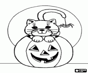 Coloriage Une citrouille et un chat à l'Halloween