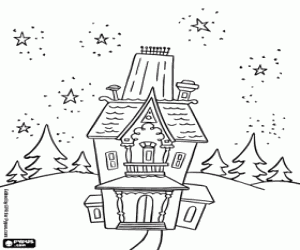 Coloriage Une curieuse maison le soir de Noël