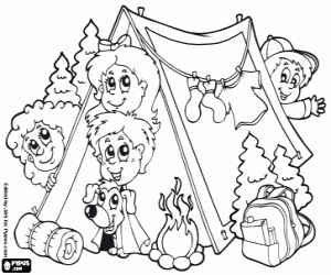 Coloriage Une famille en camping dans la forêt