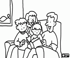 Coloriage Une famille de lecture sur le canapé