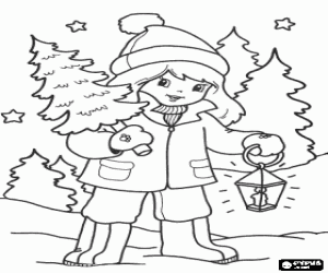 Coloriage Une fille avec le sapin et la lanterne