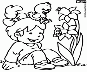 Coloriage Une fille, fleur et oiseau au printemps