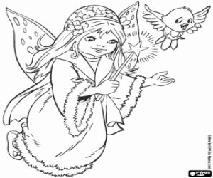 Coloriage Une fée petite fille avec un oiseau