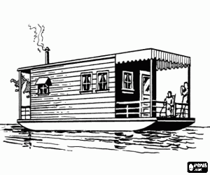 Coloriage Une maison bateau sur la rivière