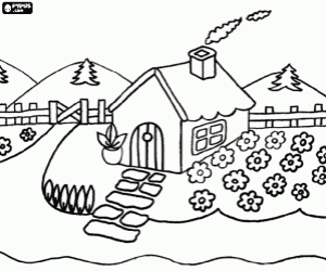Coloriage Une maison de campagne avec jardin