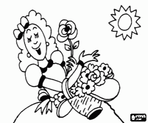 Coloriage Une mère heureuse avec fleurs