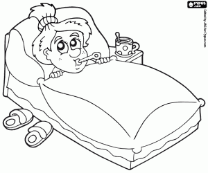 Coloriage Une personne malade de la grippe au lit