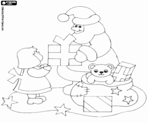 Coloriage Une petite fille et cadeau du Père Noël