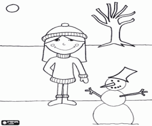 Coloriage Une petite fille dans le jardin en hiver