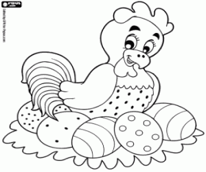 Coloriage Une poule sur les œufs de Pâques