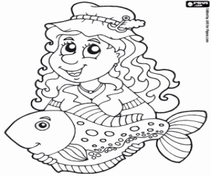 Coloriage Une pêcheuse avec un gros poisson