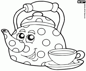 Coloriage Une sourirant théière avec tasse de thé