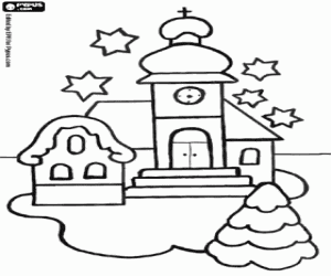 Coloriage Une église et un arbre de Noël