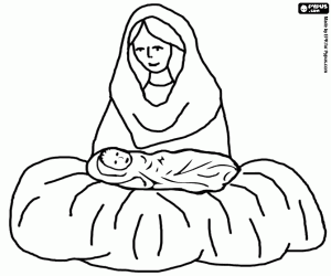 Coloriage Vierge Marie et Jésus dans la crèche