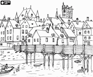 Coloriage Ville médiévale avec un pont
