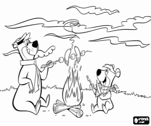 Coloriage Yogi et Boo-Boo avec un feu de camp