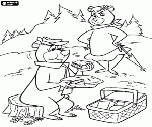 Coloriage Yogi l’ours mangeant et Cindy en colère